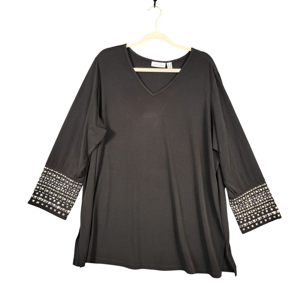 SUSAN GRAVER Black Liquid Knit Metallic Studded Slinky Beaded Top SIZE 2X